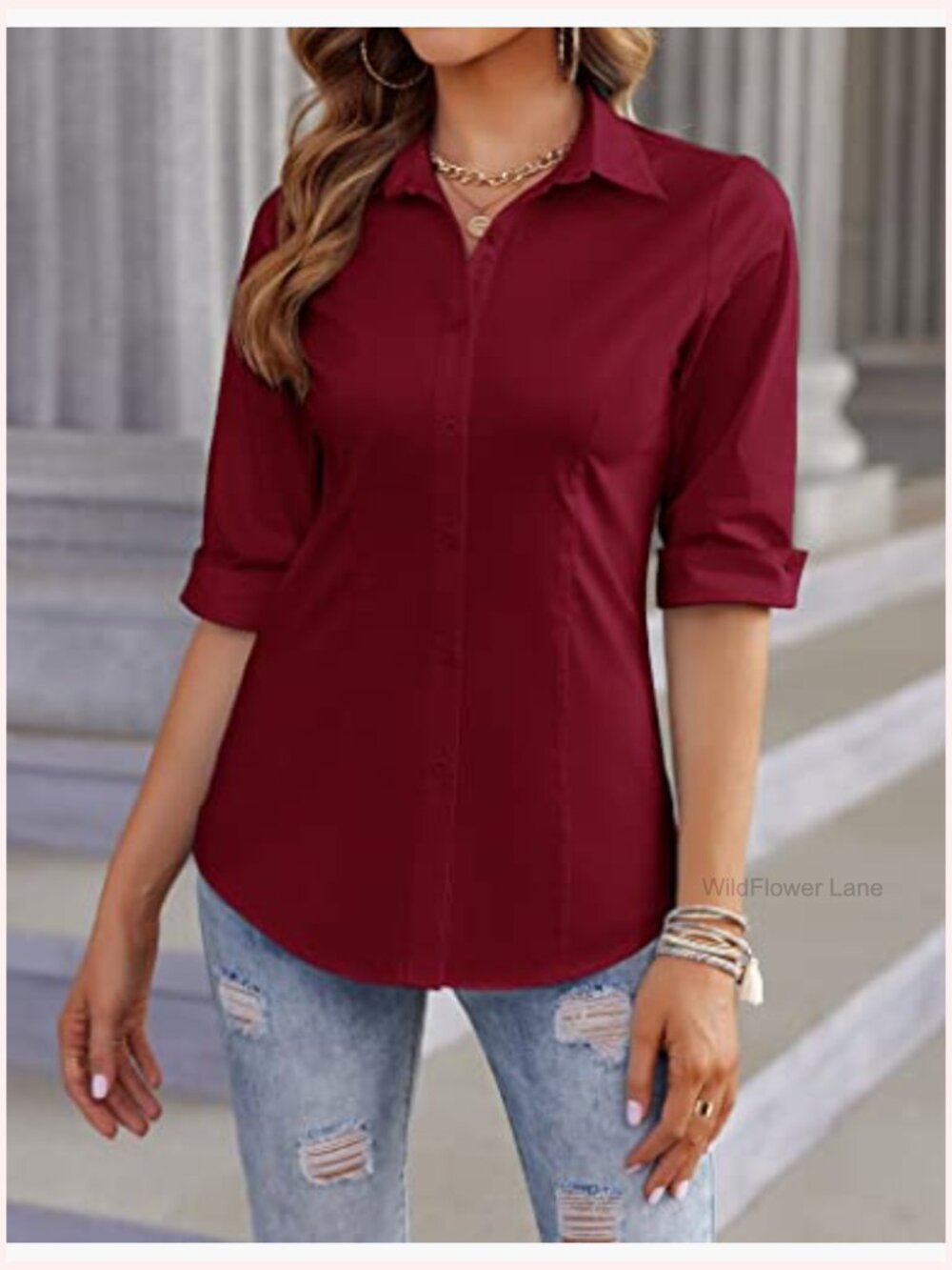 3/4 Sleeve Button Down Shirt Stretch Fit Blouse Top - Picture 2 of 7